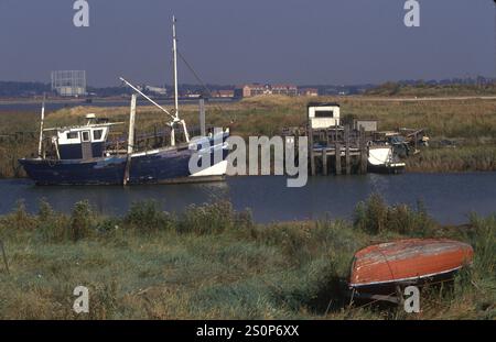 Swanscombe Marshes, North Kent Broadness Creek. L'estuario del Tamigi. Stile di vita alternativo anni '1990 allontanandosi da tutto. In lontananza nuova casa a Tilbury, Essex. Borough of Dartford 1991 1990s UK HOMER SYKES Foto Stock