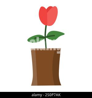 Una semplice illustrazione di un fiore di tulipano rosso con tre petali e foglie verdi in un vaso di fiori marrone. La pentola ha una forma leggermente curva, evidenziata Illustrazione Vettoriale