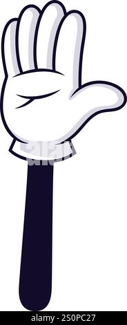 Mano con guanti da cartoni animati con quattro dita allungate, che suggeriscono il conteggio, la votazione o il saluto con un cinque alto, su uno sfondo bianco pulito Illustrazione Vettoriale
