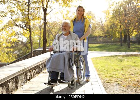 Assistente che assiste un anziano su sedia a rotelle nel parco. Servizio sanitario domiciliare Foto Stock