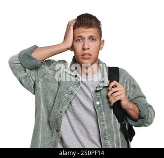Studente emotivo che ha stress prima dell'esame su sfondo bianco Foto Stock