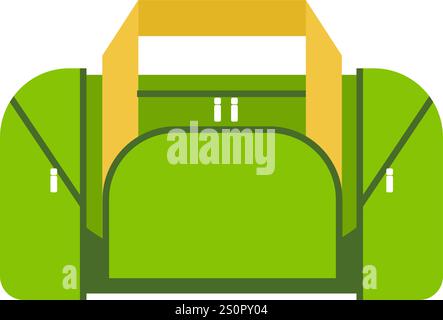 Borsa sportiva verde e gialla con tasche laterali con zip e manici robusti, ideale per il trasporto di abiti da palestra, attrezzature sportive o oggetti essenziali da viaggio Illustrazione Vettoriale