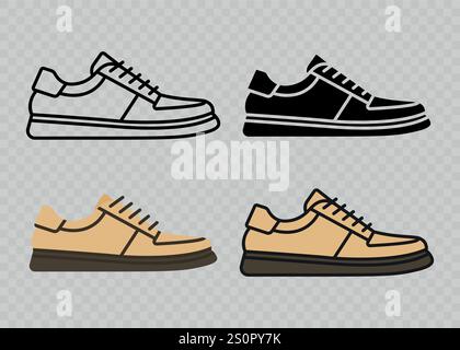 Set iconico di scarpe da uomo Flat Vector Linear isolate. Scarpe, Set di simboli colore calzature, modello di progetto, Clipart. Illustrazione vettoriale Illustrazione Vettoriale