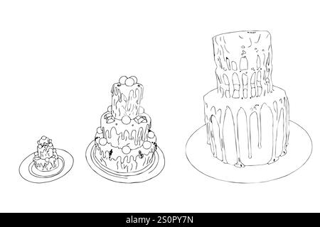 Set di torte a due piani. Illustrazione vettoriale in stile doodle isolata su sfondo bianco. Illustrazione Vettoriale