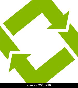 Due frecce verdi che ruotano e formano un quadrato su uno sfondo bianco che rappresenta l'economia circolare, il riciclaggio, la ricarica, l'aggiornamento e la sostenibilità Illustrazione Vettoriale