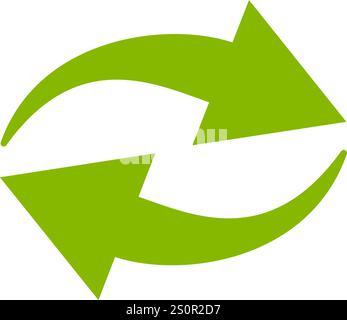Due frecce verdi brillanti ruotano e creano un movimento circolare, simboleggiando concetti come aggiornamento, aggiornamento, ricarica, ripetizione ed economia circolare Illustrazione Vettoriale