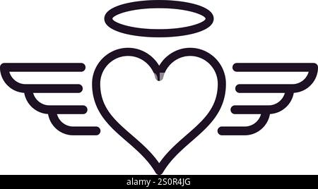 Illustrazione in linea minimalista con un cuore con ali e un alone, che rappresenta l'amore, la spiritualità e la libertà, perfetta per San Valentino Illustrazione Vettoriale