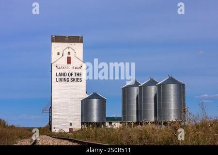 Un grande silo di grano con le parole "Terra dei cieli viventi" dipinte su di esso. Il silo è circondato da molti altri silos Foto Stock