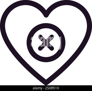 Icona minimalista di una forma di cuore con una croce che simboleggia un cuore spezzato, la fine di una relazione, l'amore perso o il rifiuto, che trasmette sentimenti Illustrazione Vettoriale