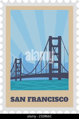 Design vintage da cartolina con l'iconico Golden Gate Bridge, sullo sfondo di un cielo blu vibrante e della splendida San Francisco Illustrazione Vettoriale
