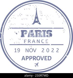 Timbro rotondo del passaporto immigrazione che mostra la Torre Eiffel con scritta Paris France e data di approvazione con il simbolo dell'aereo che rappresenta internazionale Illustrazione Vettoriale