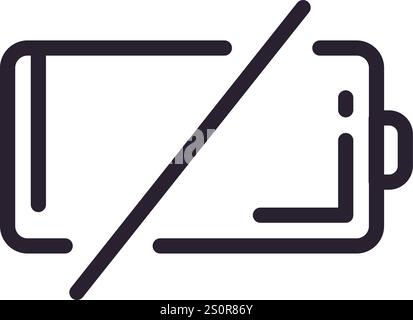 Semplice icona di batteria scarica in bianco e nero con una linea diagonale che indica uno stato di carica bassa o assente, adatta per l'interfaccia utente Illustrazione Vettoriale