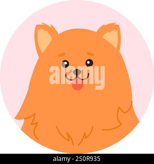 Illustrazione a cartoni animati con un simpatico cane della pomerania che sporge la lingua in un vivace cerchio rosa, rendendolo la scelta ideale Illustrazione Vettoriale