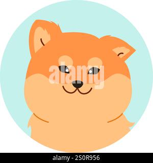 Illustrazione vettoriale minimalista di un cane shiba inu sorridente, una popolare razza giapponese conosciuta per il suo aspetto simile a una volpe, all'interno di un cerchio azzurro Illustrazione Vettoriale