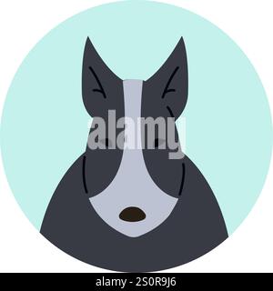 Ritratto di un cane Bull terrier che guarda in avanti all'interno di un cerchio verde chiaro, caratterizzato da uno stile minimalista di illustrazione vettoriale che mette in risalto il suo Illustrazione Vettoriale