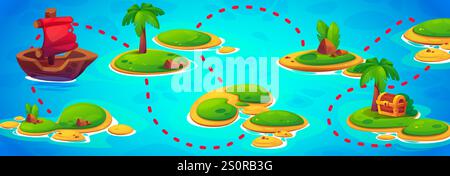 Mappa dei pirati. Illustrazione vettoriale di isole tropicali con palme, vecchia nave con vele scarlatte, percorso verso il scrigno del tesoro. Avventuriero pirata Illustrazione Vettoriale