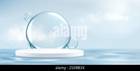 Composizione promozionale minimalista con podio circolare bianco su fondo trasparente blu, bolle trasparenti galleggianti per la massima visibilità Illustrazione Vettoriale