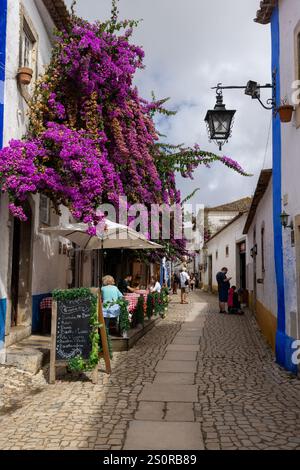 Negozi e caffè su Rua Direita con bouganvillea, Óbidos, Portogallo Foto Stock