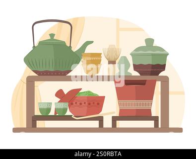 Set di tradizionali utensili giapponesi per la cerimonia del tè per bevande salutari asiatiche illustrazione concetto Illustrazione Vettoriale