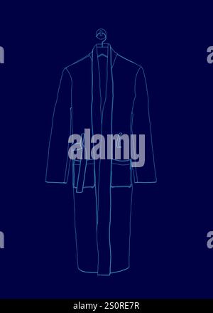 La giacca di un uomo è appesa ad un gancio. La giacca è un trench ed è appesa su uno sfondo blu Illustrazione Vettoriale