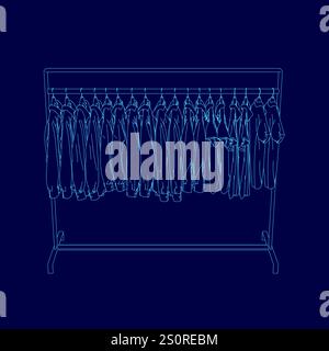 Immagine blu di un appendiabiti con molti vestiti appesi su di esso. Gli abiti sono tutti diversi colori e stili, e il rack è alto e stretto. Concep Illustrazione Vettoriale
