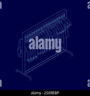 Immagine blu di un appendiabiti con gli abiti appesi su di esso. Gli abiti sono tutti diversi colori e stili, e il rack è alto e stretto. Concetto di Illustrazione Vettoriale