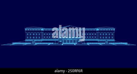 Immagine blu di un edificio con una grande cupola. L'edificio è molto alto e presenta molte finestre Illustrazione Vettoriale