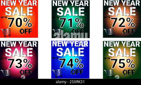 Offerta di Capodanno fino al 70 71 72 73 74 e 75% di sconto su un set di sei striscioni con colori multipli e burst stellare Illustrazione Vettoriale