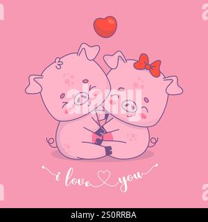 Un paio di maiali innamorati. Due simpatici maialini abbraccianti, ragazzo e ragazza, con arco su sfondo rosa con confessione ti amo. Illustrazione vettoriale. Romantico Illustrazione Vettoriale