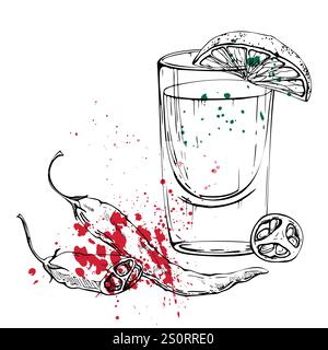 Bicchiere da sparo di alcool di tequila con fetta di agrumi di lime, peperoncino piccante, spruzzo verde bianco rosso. Illustrazione isolata del vettore di inchiostro disegnata a mano Illustrazione Vettoriale