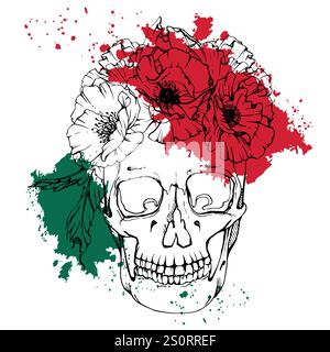 Cinco de Mayo cranio umano, corona di fiori di anemone di peonia papavero. Simbolo del giorno delle festività messicane dei morti, bandiera rossa bianca e verde. Vettore di inchiostro disegnato a mano Illustrazione Vettoriale