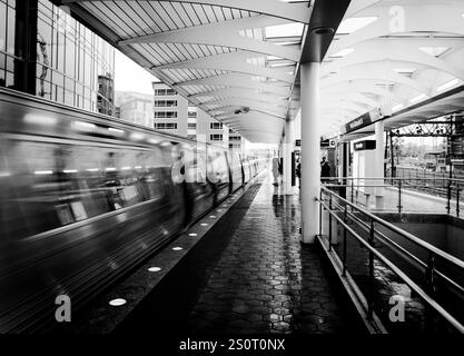 Una fotografia in bianco e nero di una piattaforma della stazione della metropolitana con un treno in movimento. La scena cattura il movimento dinamico del treno e del trampolino Foto Stock