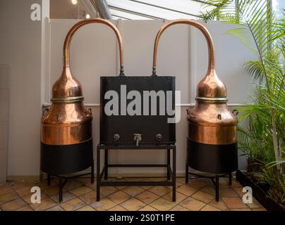 Vasche di distillazione in rame, produzione classica di profumi da ingredienti naturali in Provenza, fabbrica di profumi in erba o Eze, costa azzurra, primo piano Foto Stock