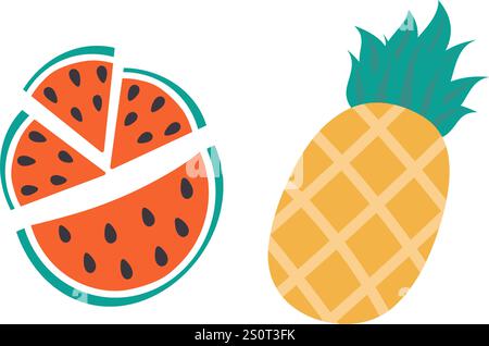 Varie fette di anguria con semi e ananas con foglie in un'icona minimalista Set 2 alla moda. Illustrazione vettoriale isolata schede tematiche o banner promozionali Web, opuscoli, brochure, prezzo, etichetta Illustrazione Vettoriale
