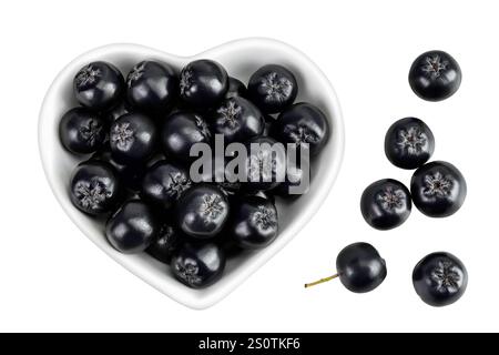 Ciotola di cioccolato in ceramica isolata su sfondo bianco. Aronia nera. Vista dall'alto. Posizione piatta. Foto Stock