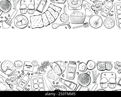 Ricetta crostata e cupcake senza cuciture: Uova, miele, noci, farina, bicarbonato di sodio e altri ingredienti da forno. L'illustrazione disegnata a mano sarà Illustrazione Vettoriale