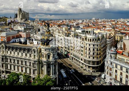 Vista panoramica dell'edificio Metropolis e della Gran via dall'ultimo piano del Bellas Artes, terrazza. Città di Madrid. Capitale della Spagna. Europa Foto Stock