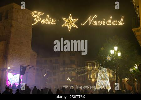 Natale. Luci. Le luci di Natale si illuminano per le strade di Zamora. Decorare le strade della città. Abete con luci natalizie. Ballo di Natale. Acceso Foto Stock