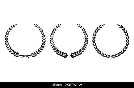 Crea una silhouette nera con fogliame circolare di alloro, ghirlande di grano e rovere raffiguranti un premio, un risultato, un'araldica, una nobiltà su sfondo bianco. Fl. Fregio Illustrazione Vettoriale