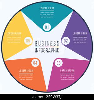 Infografica sulla progettazione aziendale 5 fasi, oggetti, elementi o opzioni modello di informazioni aziendali Illustrazione Vettoriale