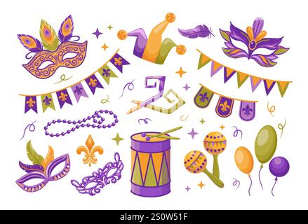 Ottimo set per la celebrazione del Mardi Gras. Maschere di Carnevale. Ghirlande di bandiere. Strumenti musicali, palloncini, perline. Per adesivi, elementi di design Illustrazione Vettoriale