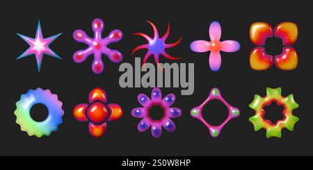 Elementi 3d Y2K. Forma floreale al neon, ologramma di forma e cuore a gradiente astratto, design iridescente. Rendering colorato di oggetti isolati. Plasticina Illustrazione Vettoriale