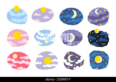 Icone giorno e notte. Mattutino, sera, emblemi diurni di sole, sole e nuvole sul cielo, ciclo temporale. Adesivi soleggiati isolati, etichette meteo per bambini. Luce solare Illustrazione Vettoriale