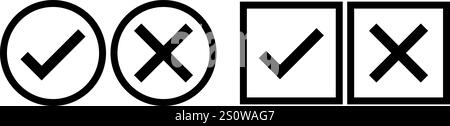 Set di pulsanti con icona segno di spunta. Icona della casella di controllo con i pulsanti destro e sbagliato e icone di segno di spunta Sì o no nella casella di spunta verde e nella croce rossa. Illustrazione Vettoriale