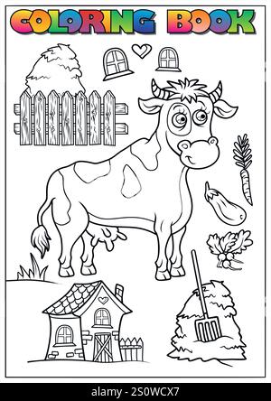 Pagina da colorare con mucca, fienile, recinzione, fieno, verdure, e finestre, perfette per le attività dei bambini. Illustrazione Vettoriale