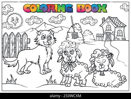 Cane allegro che guarda due agnelli in una fattoria, da un libro da colorare per bambini. Illustrazione Vettoriale