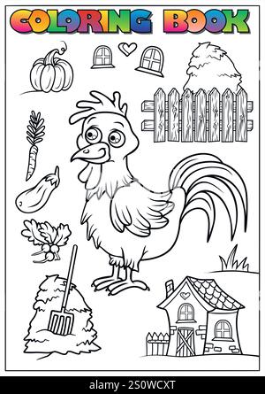 Pagina da colorare con un gallo, verdure, recinzione, pagliaio, casa, e il forcone, perfetto per le attività dei bambini. Illustrazione Vettoriale