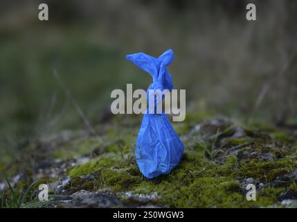 Sacchetto per escrementi per cani, blu, sacchetto con escrementi per cani, smaltito in natura, Fellbach, Baden-Wuerttemberg, Germania, Europa Foto Stock