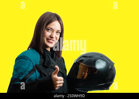Donna, moto, motociclista, motociclista, motociclista, alla moda, moto, extreme, leggy, bodysuit, sfacciato, sottile, affascinante, outfit, isolato, glamour, copia, fai, ah Foto Stock