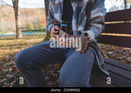 L'appassionato siede su una panchina di legno in un parco, giocando all'ukulele tra le foglie autunnali. Circondato da alberi e bagnato dalla luce soffusa del sole, gode di un tr Foto Stock